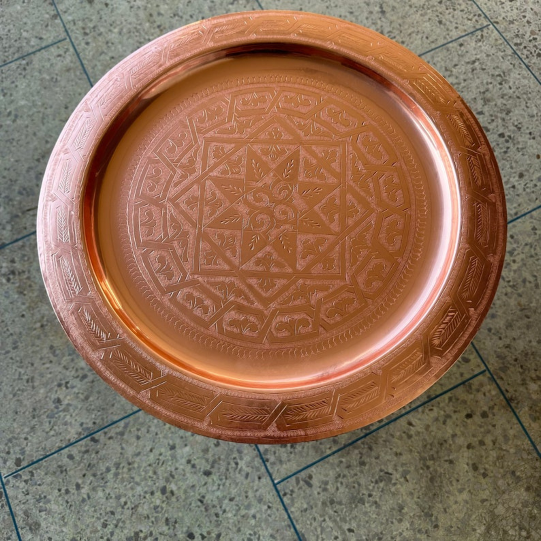 Moroccan Hand Engraved Tray Dehbi highlighting handmade brass finish, ornate surface work, and decorative home charm