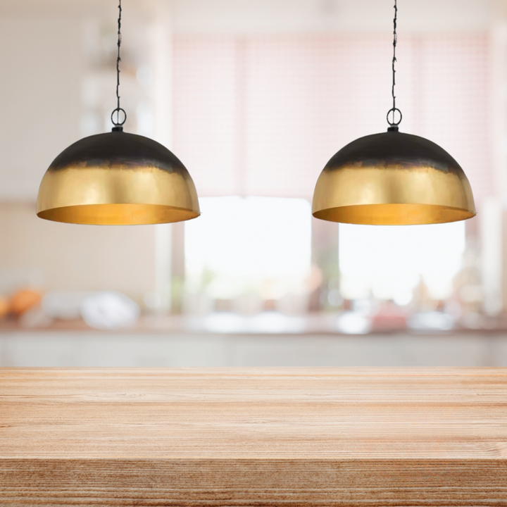 Dome Ceiling Light Black With Gold Brass front view highlighting dark dome surface, gold tone, and warm ceiling light