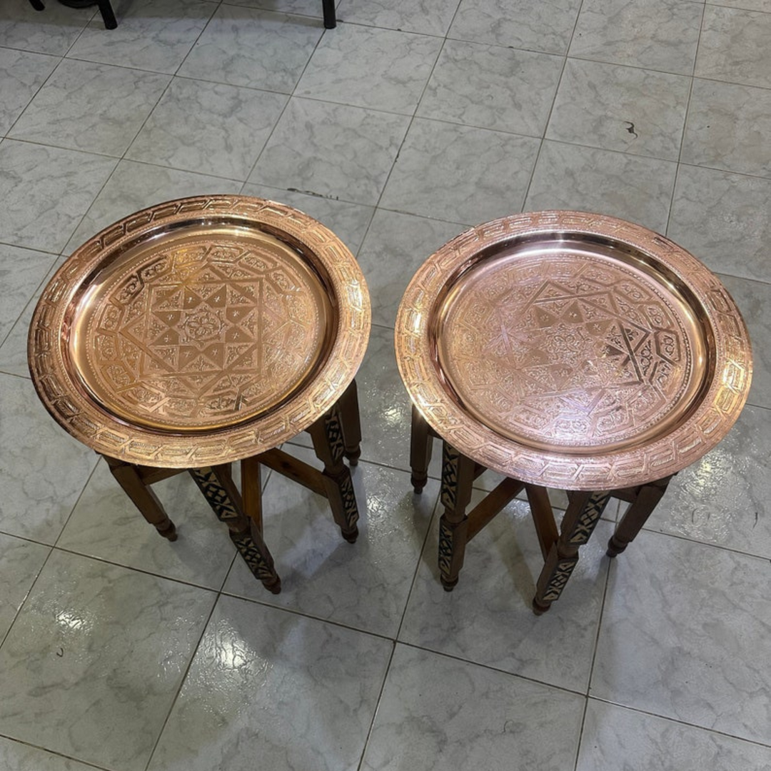 Moroccan Hand Engraved Tray Dehbi top angle showing balanced form, engraved motifs, and bright brass surface texture