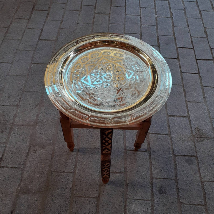 Moroccan Hand Engraved Tray Dehbi closeup showing carved metal texture, ornate detail, and elegant brass craftsmanship