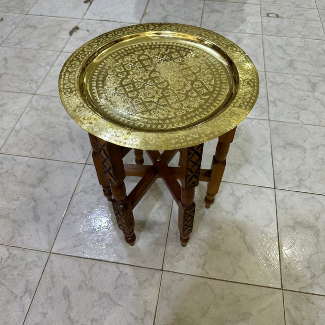 Moroccan Hand Engraved Tray Zwina closeup showing carved motifs, polished brass shine, and refined artisan detail
