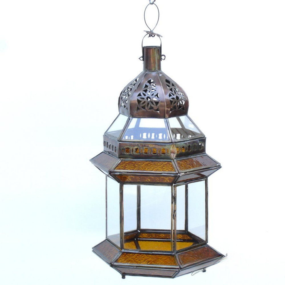 Moroccan Lanterns Fatima Mandarin hanging light with warm orange panels and soft decorative shine