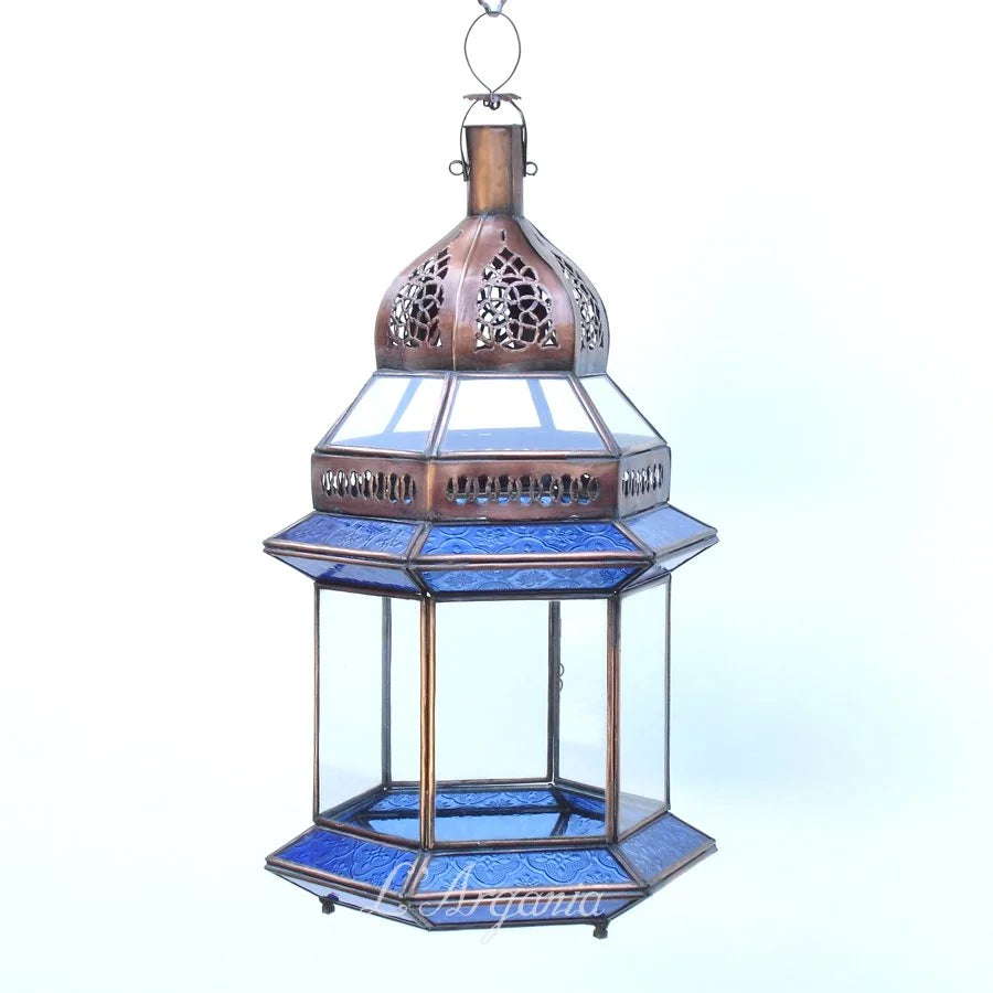 Moroccan Lanterns Fatima Sea hanging light with cool blue panels and soft decorative shine