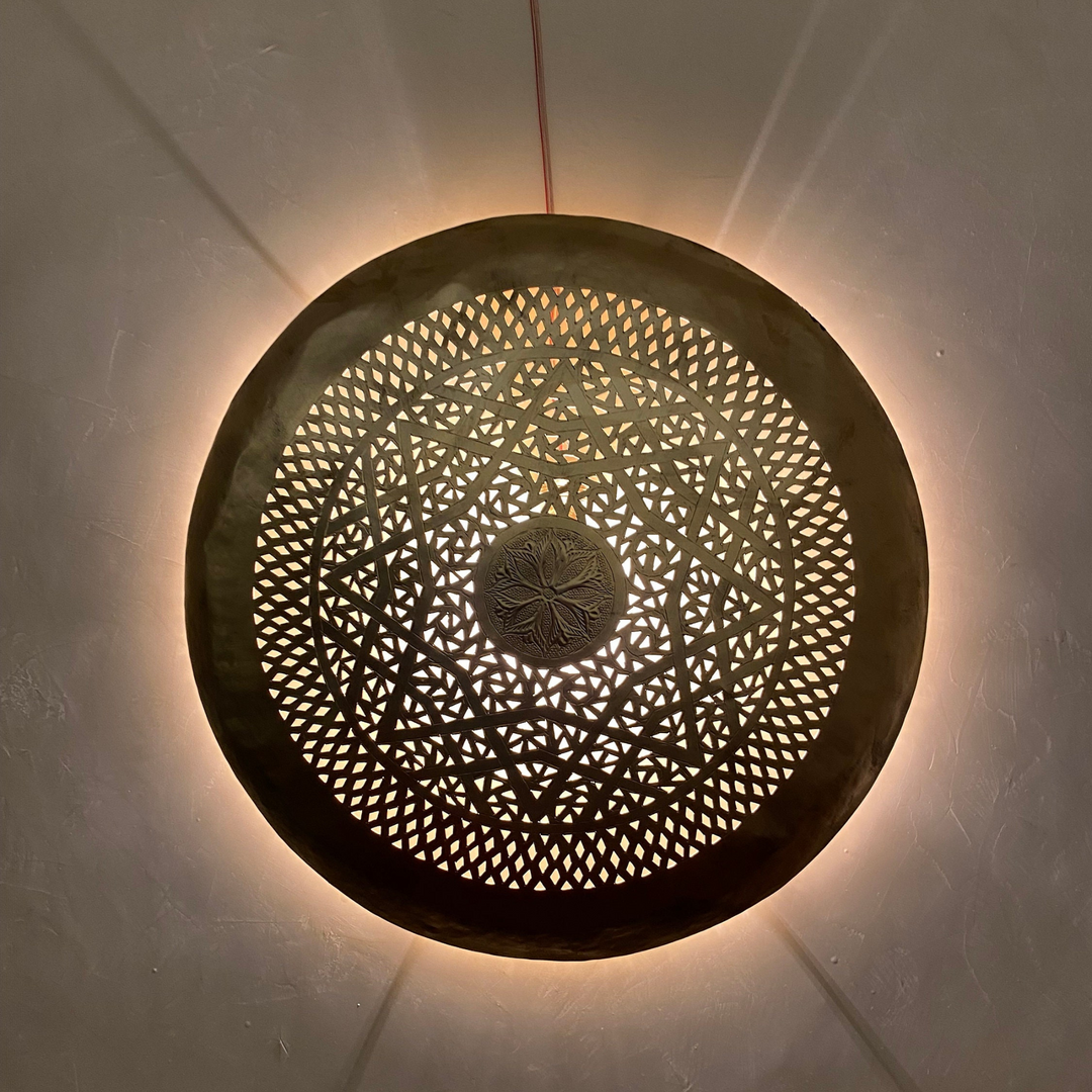 Flush Wall Sconces Areej with warm wall glow and Moroccan pattern detail for bedrooms, hallways, and soft accent lighting