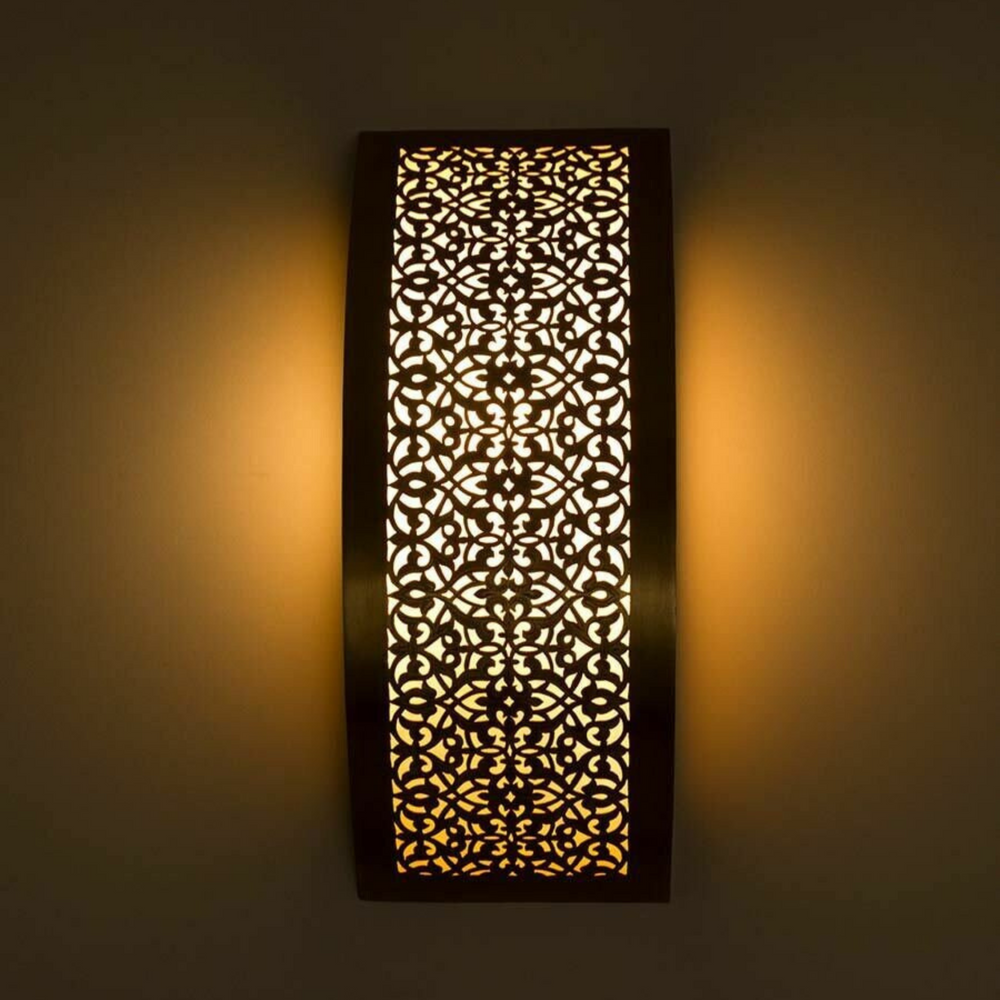 Brass Wall Sconce Ghalia showing Moroccan brass texture and soft illumination for entryways, lounges, and decorative walls