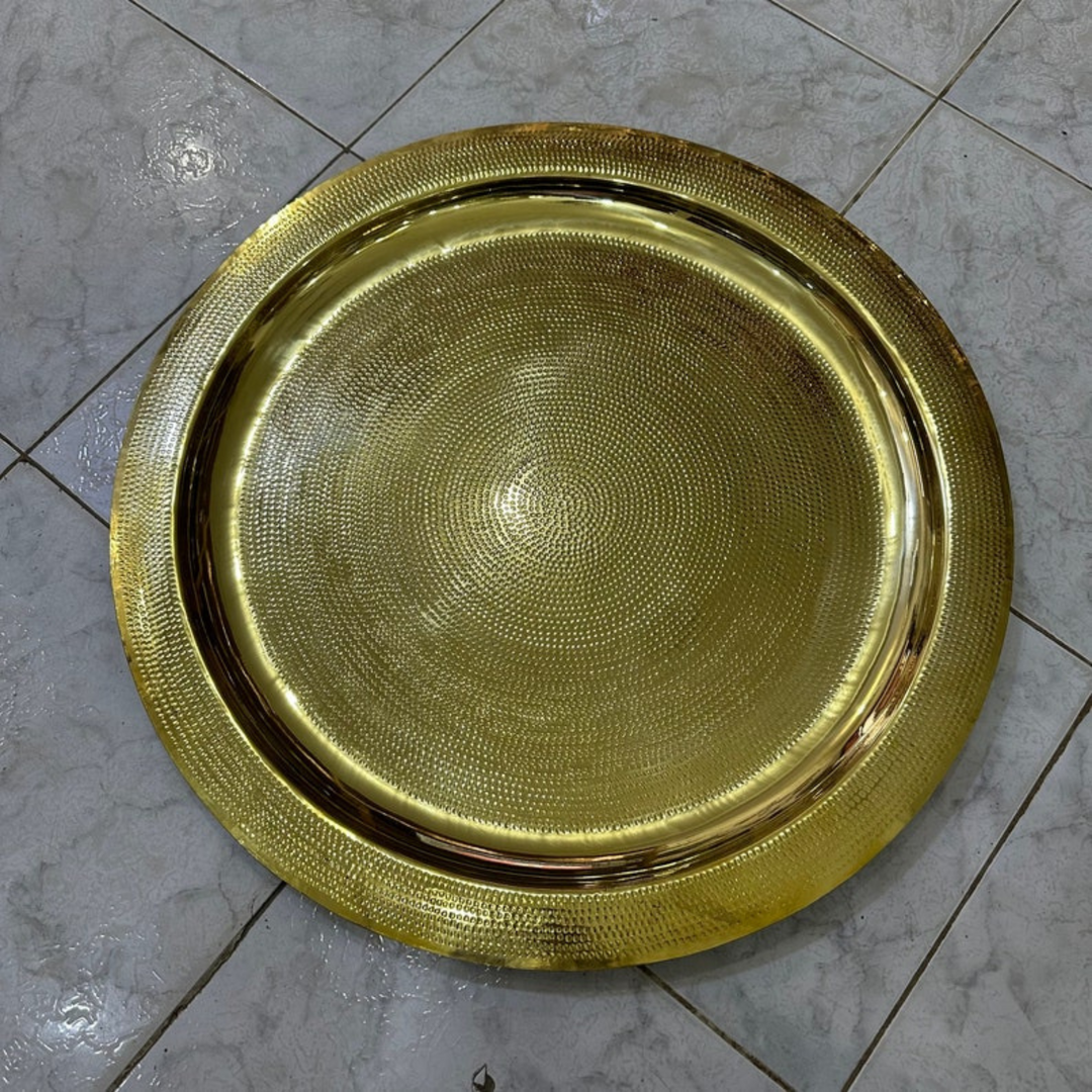 Moroccan Hand Engraved Tray Hamsa styled on a table with warm brass finish and traditional engraved Moroccan pattern
