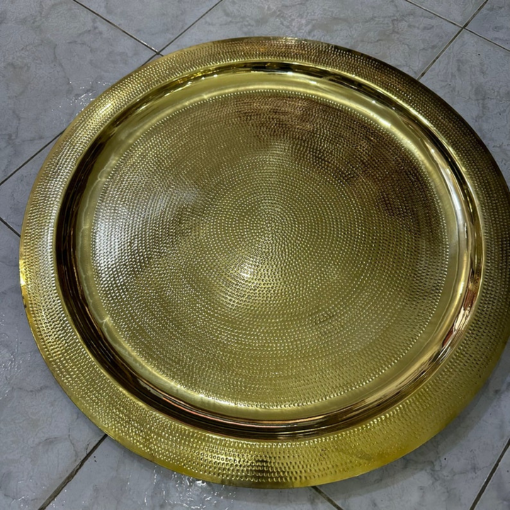 Moroccan Hand Engraved Tray Hamsa with golden brass tone, symbolic design, and refined handcrafted decorative appeal