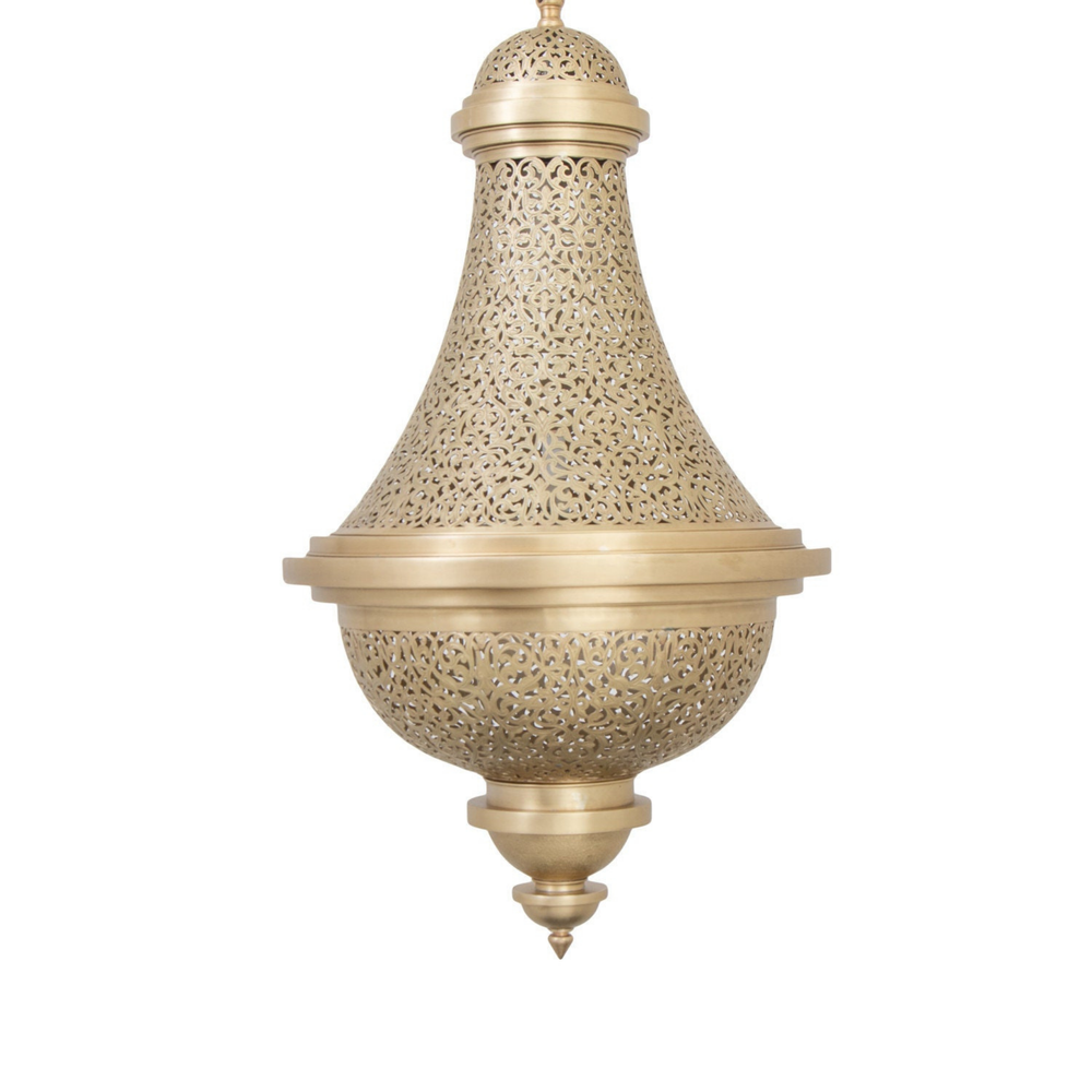 Hanan Moroccan dome lamp in rich brass finish with hand-cut details for soft golden glow in riads, halls, and entry spaces.