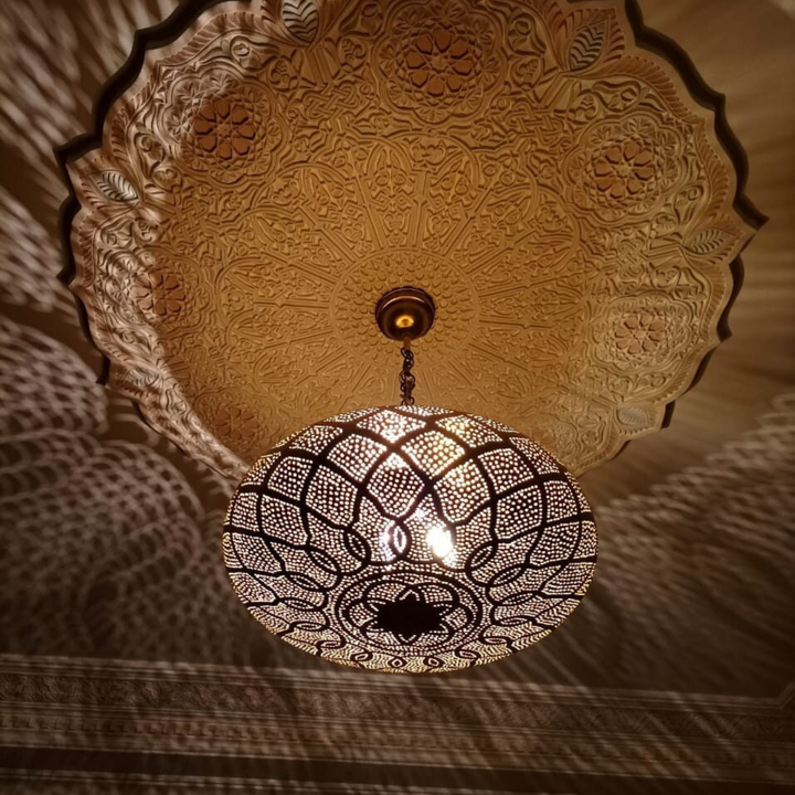 Ismail hand pierced pendant in brass finish with Moroccan pattern work for soft illumination in riads, halls, and entryways.