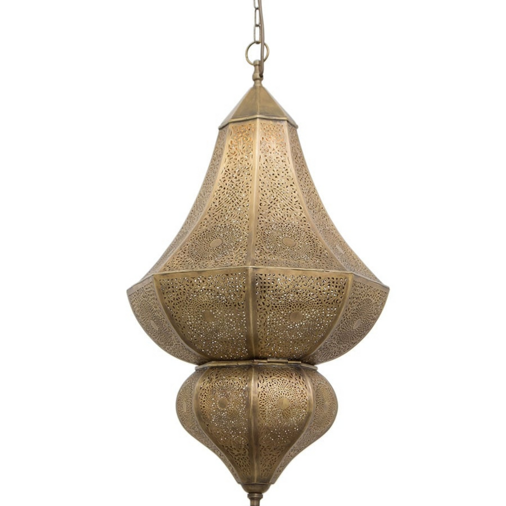 Maya hanging brass lamp in polished gold finish with soft patterned lighting for riads, hallways, and elegant home decor.