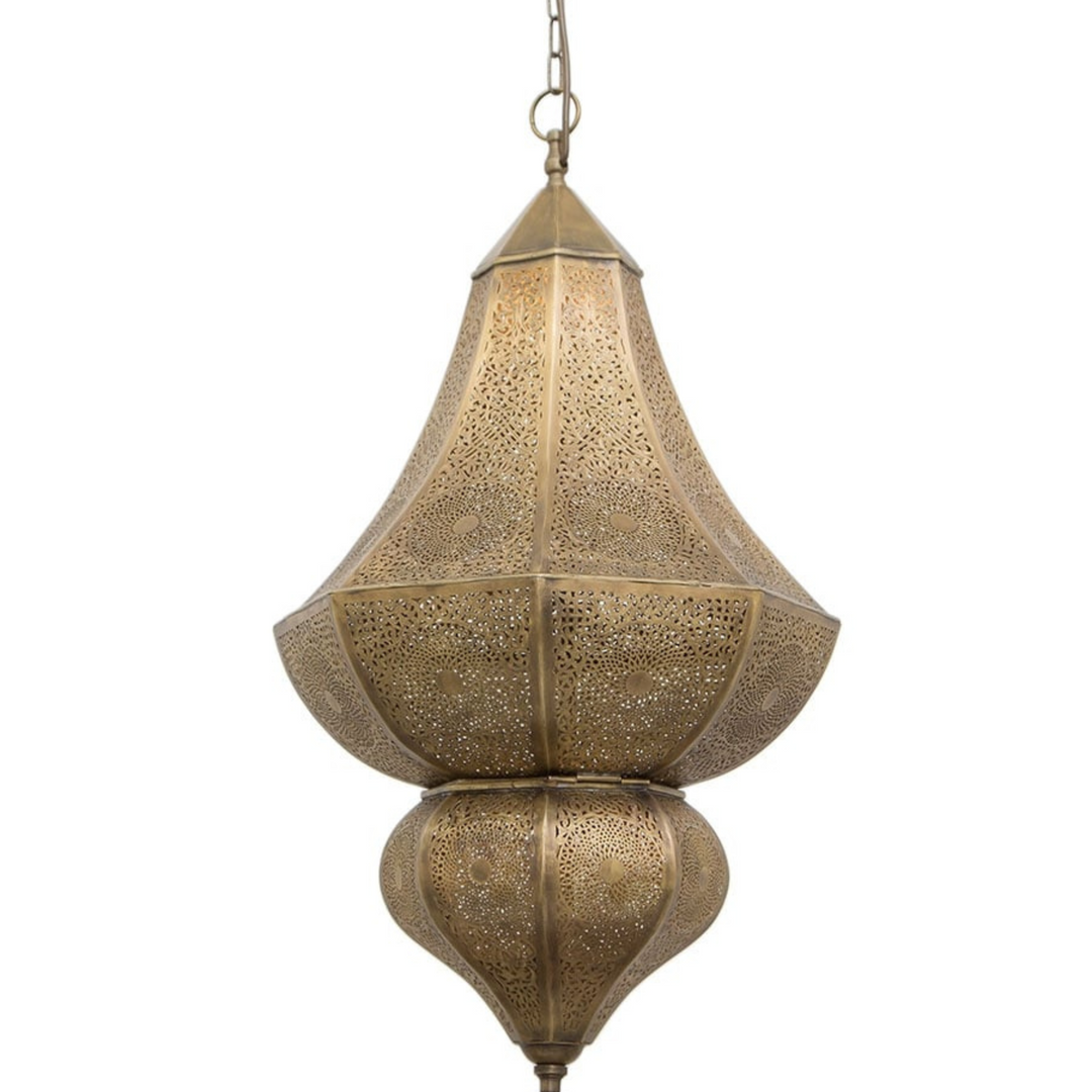 Maya hanging brass lamp in polished gold finish with soft patterned lighting for riads, hallways, and elegant home decor.