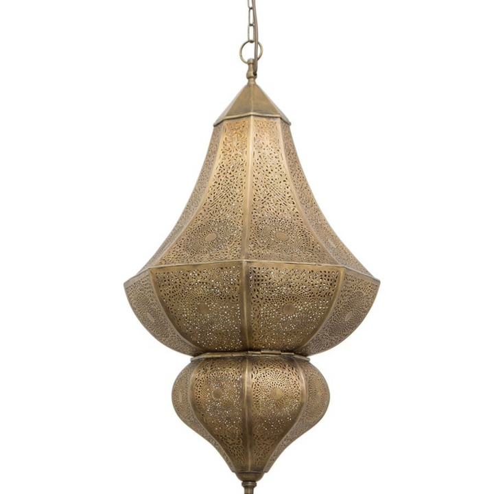 Maya hanging brass lamp in polished gold finish with soft patterned lighting for riads, hallways, and elegant home decor.
