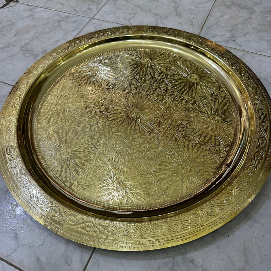 Moroccan Hand Engraved Tray Sephir with warm metallic shine and ornate pattern work for serving, tables, and decor