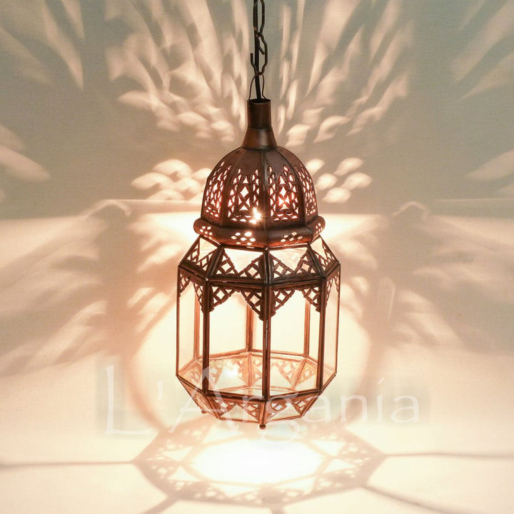 Moroccan Lanterns Amina Transparent with clear glass glow and handmade metal detail for patios and lounges