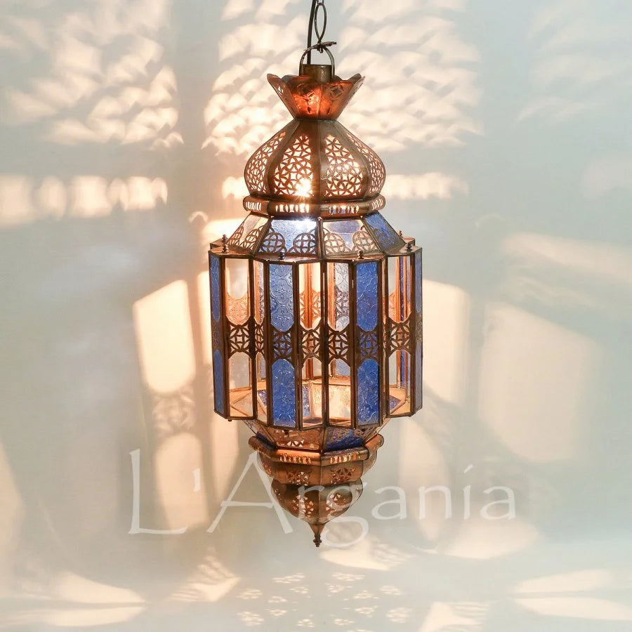 Moroccan Lanterns Fathi Sea with ocean blue glow and handcrafted detail for patios, entries, and lounges