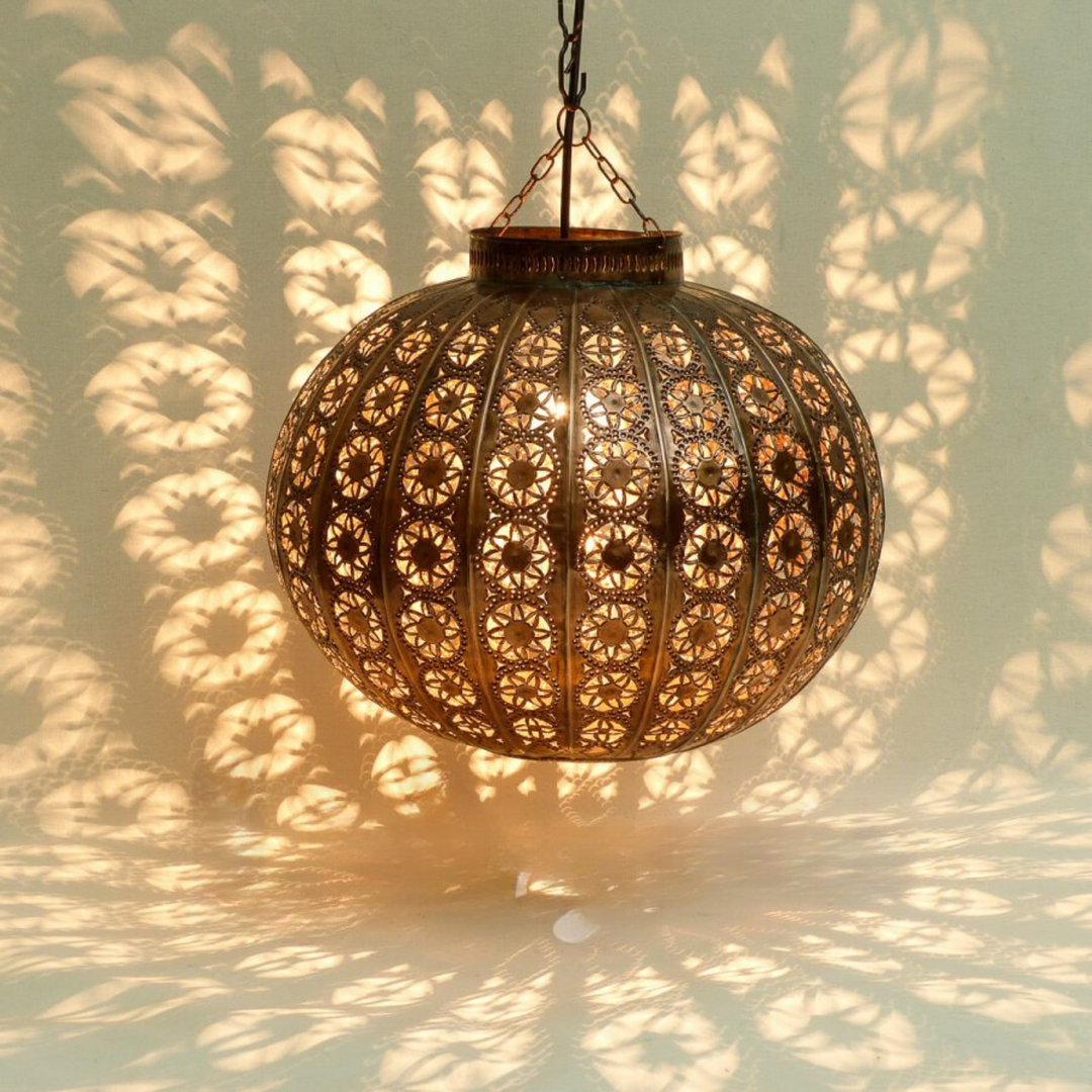 Moroccan Lanterns Layla L with large warm glow and handcrafted metal detail for patios, entrances, and lounges