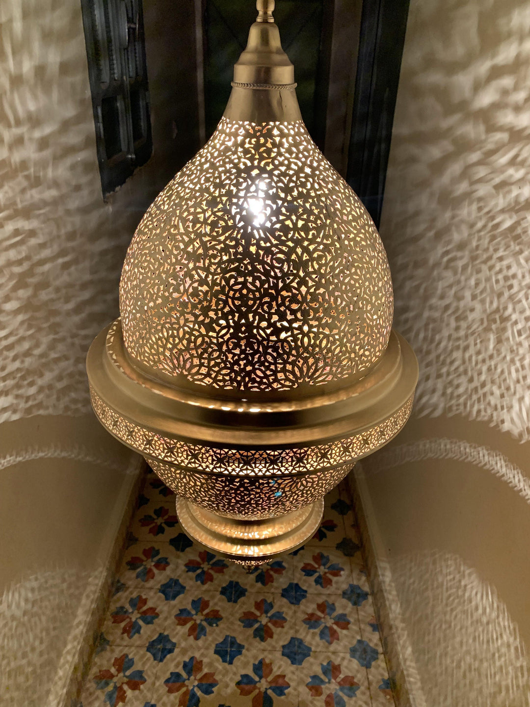 Brass Ceiling Light Nassim XL close detail with Moroccan brass finish and elegant ceiling fixture presence