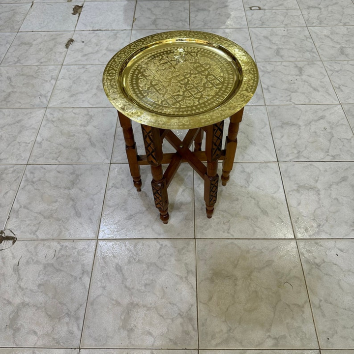 Moroccan Hand Engraved Tray Zwina arranged for serving tea, sweets, or decor with graceful handmade brass character