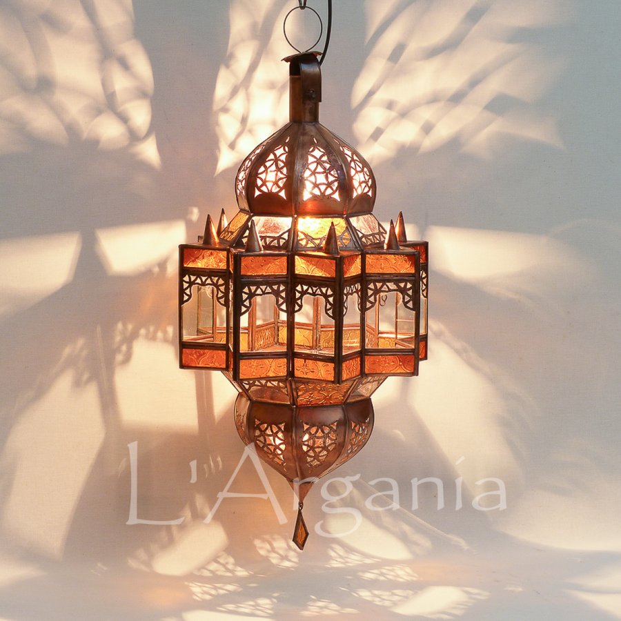 Mqenta Mandarine lantern with orange glass panels and handcrafted Moroccan metal frame for patio lighting.