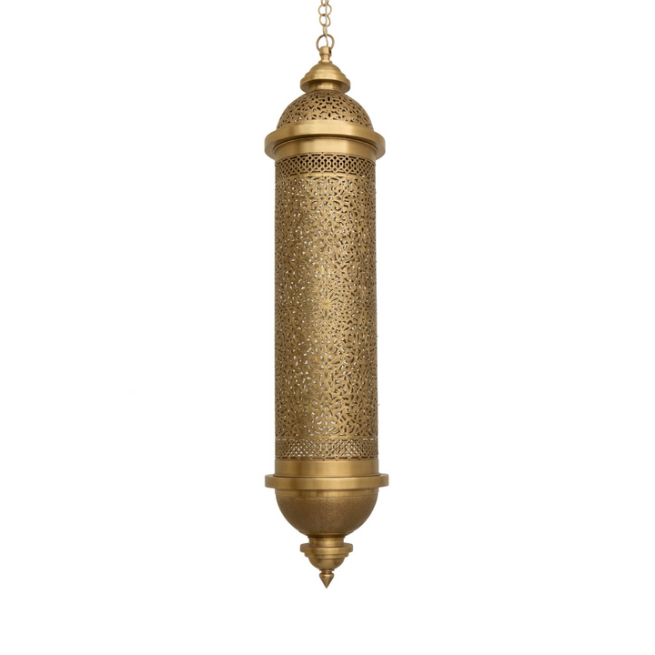 Rahma ceiling fixture with handworked brass texture and warm filtered light for refined bedrooms, lounges, and traditional homes.