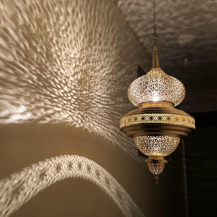 Brass Ceiling Light Rakia creates a soft patterned glow, ideal for dining areas, reading corners, and calm interiors.