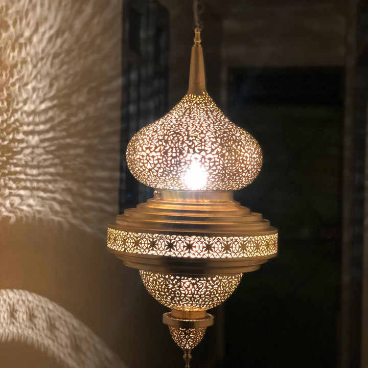 Brass Ceiling Light Rakia with artisan finish, made to bring Moroccan detail and balanced light to refined home spaces.