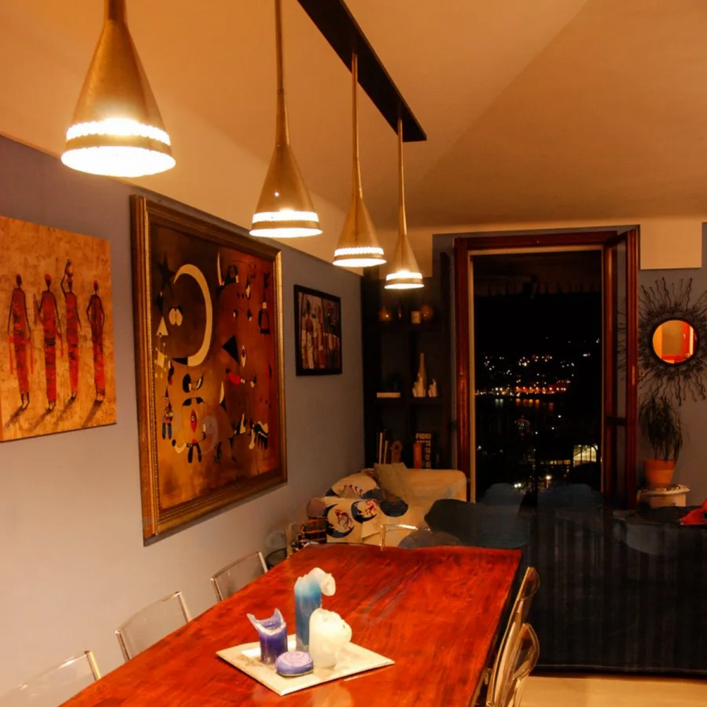 Brass Ceiling Light Sabrina showing a brass bowl lamp shape with soft ceiling light and artisan metal texture