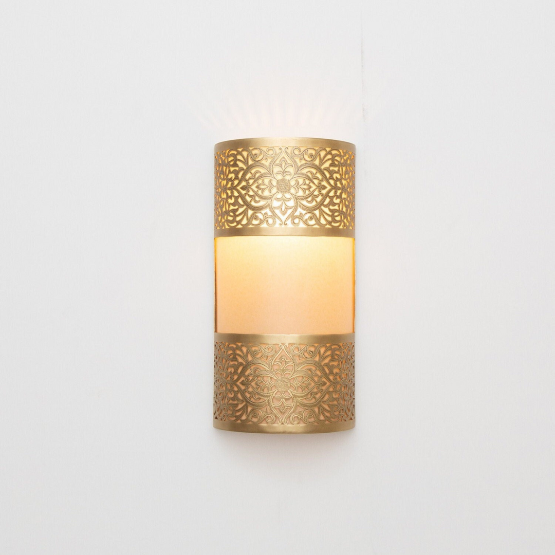 Brass Wall Sconce Shadiya with warm glow and handcrafted brass detail for bedrooms, hallways, and cozy interior spaces