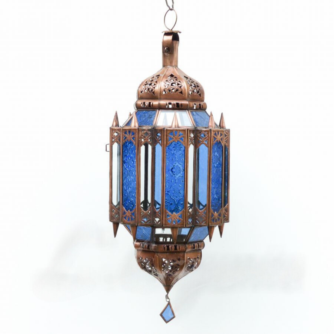 Moroccan Lanterns Tamen Sea hanging light with cool blue panels and soft decorative shine