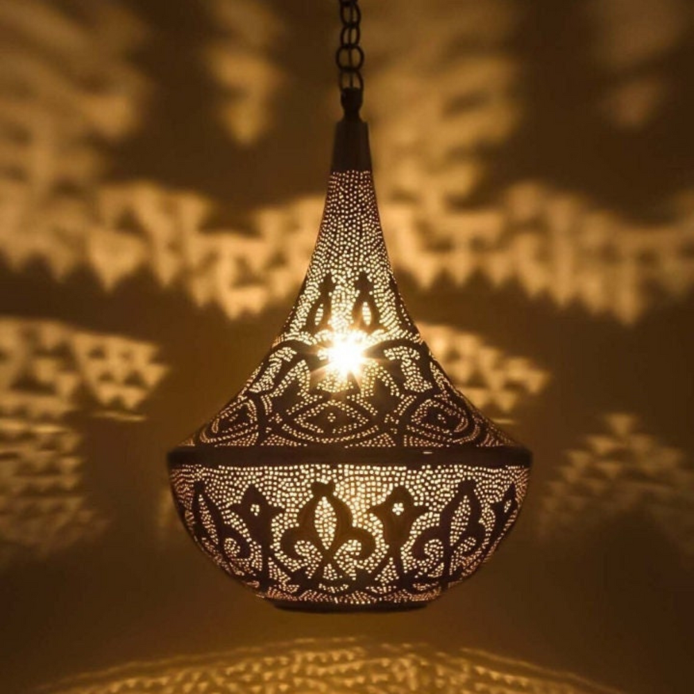 Yussra pierced brass lantern with Moroccan metalwork for warm ceiling glow in riads, hallways, and welcoming entry spaces.