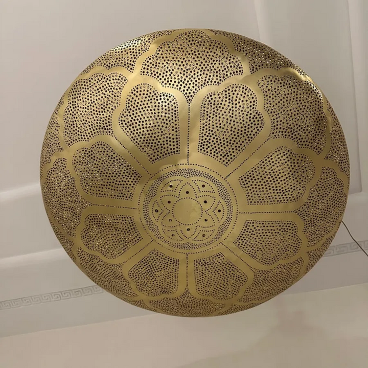 Zainab Moroccan hanging lamp in polished brass finish with soft patterned lighting for riads, hallways, and refined home decor.