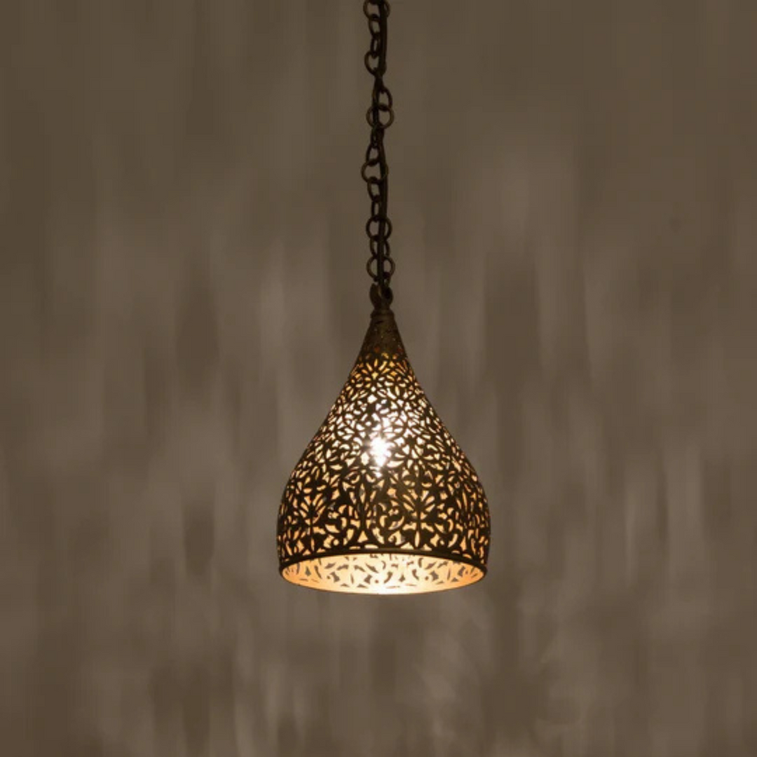 Zara brass ceiling light with Moroccan pendant style for dining room glow.
