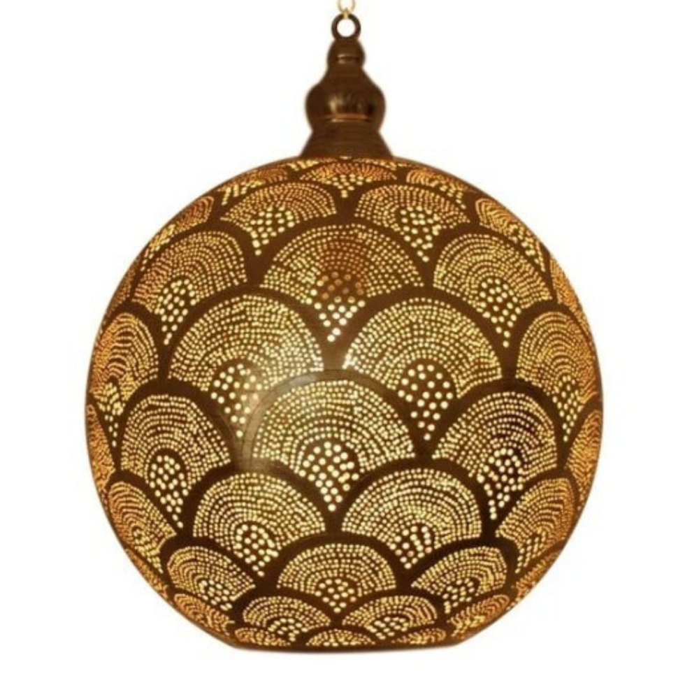 Zayne decorative brass pendant with Moroccan-inspired surface work for soft ceiling light in riads, corridors, and entries.