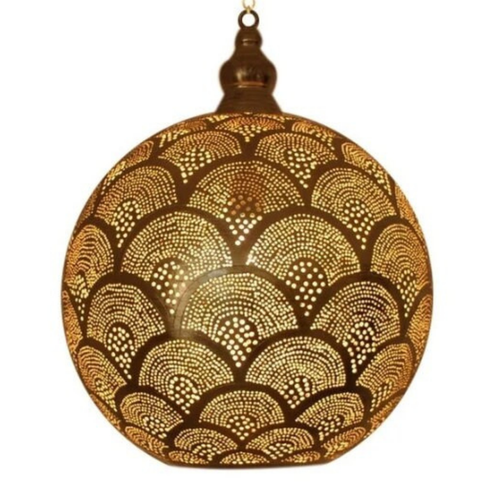 Zayne decorative brass pendant with Moroccan-inspired surface work for soft ceiling light in riads, corridors, and entries.