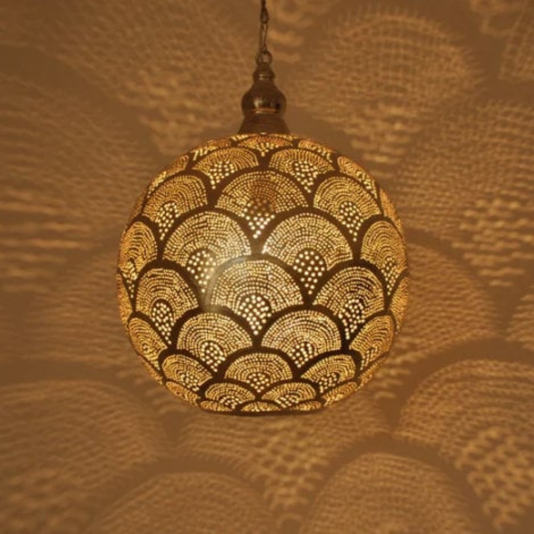 Zayne hanging brass fixture with polished metal character adding golden ambience to bedrooms, halls, and refined interiors.