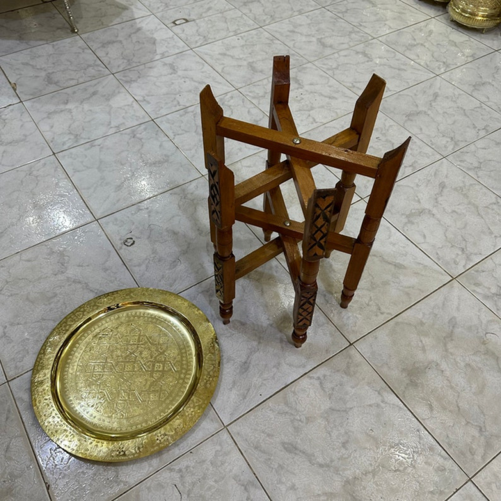 Moroccan Hand Engraved Tray Zwina highlighting handmade finish, smooth brass color, and decorative metalwork detail